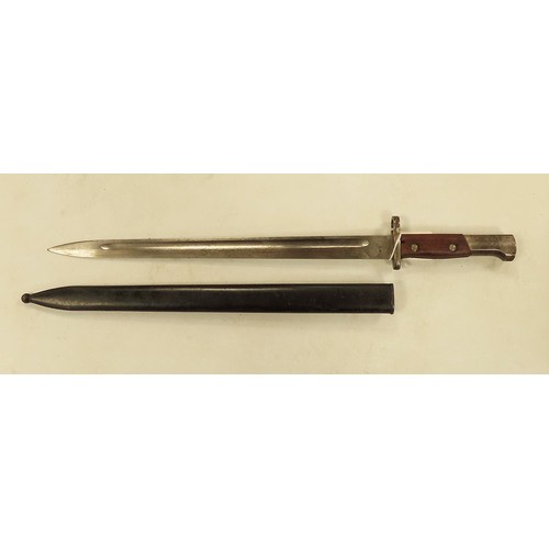 164 - Unmarked Mauser export bayonet in its blued steel scabbard, fullered blade 38cm, wooden two piece gr... 