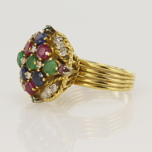 151 - Yellow gold (tests 18ct) diamond and mixed gemstone dress ring, set with rubies, sapphires and emera... 