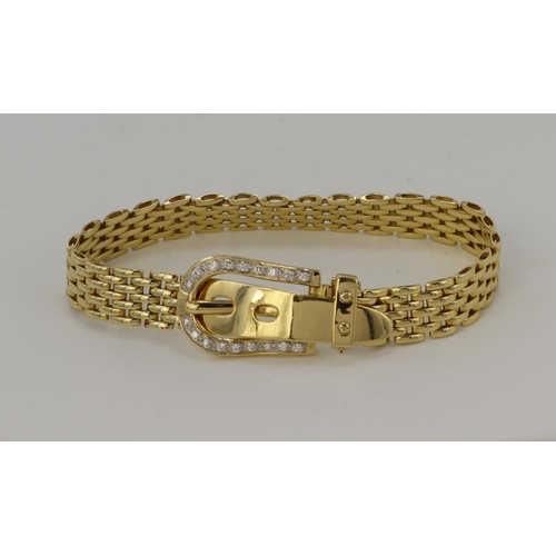 386 - Yellow gold (tests 18ct) diamond buckle bracelet, buckle clasp set with round brilliant cut diamonds... 