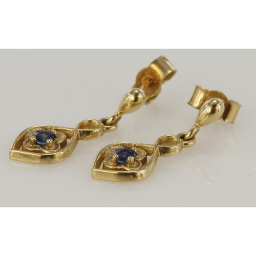 403 - 9ct yellow gold drop earrings set with a single round sapphire in a floral setting, post and butterf... 