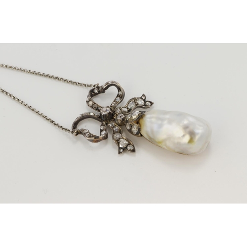 455 - A Victorian diamond and natural saltwater pearl necklace, (tests 8ct) gold backed silver bow set wit... 