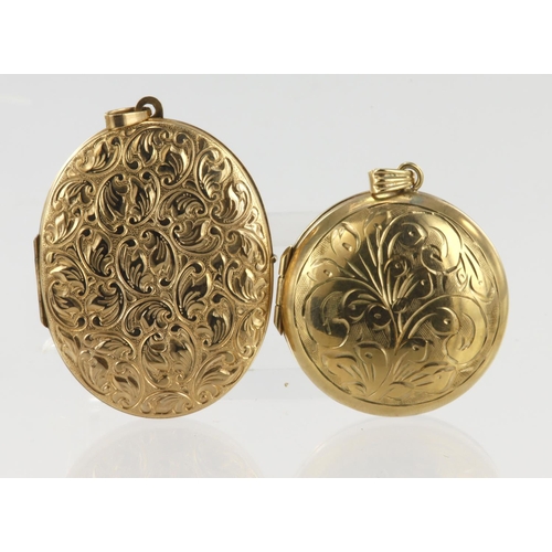 469 - Two 9ct yellow gold photo lockets, circle locket diameter 34mm, oval locker measures 42mm x 34mm, to... 