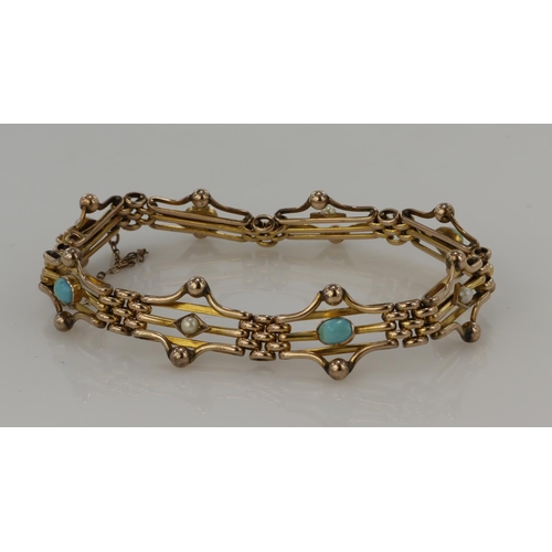 471 - Yellow gold (tests 9ct) turquoise and seed pearl gate bracelet, four turquoise measuring approx. 5 x... 