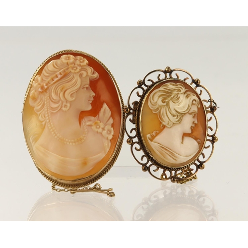 473 - Two 9ct yellow gold cameo brooches, carved shell cameos both depicting a lady in profile, measuring ... 