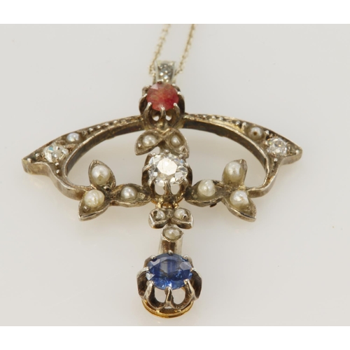 476 - 18ct yellow gold and silver Art Nouveau style pendant set with round old cut diamonds, sapphire, rub... 