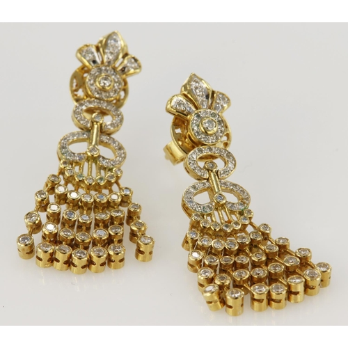 477 - Pair of yellow gold (tests 17ct) diamond drop earrings, TDW approx. 0.62ct, earring length 36mm, pos... 