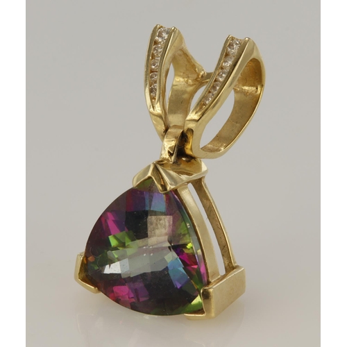 479 - Yellow gold (tests 14ct) diamond and Mystic topaz pendant, one checker cut topaz measuring approx. 1... 