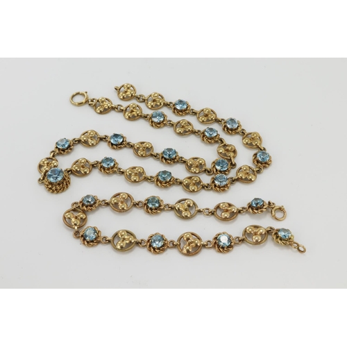 480 - Yellow gold (tests 9ct??) zircon necklace and bracelet set, necklace set with alternating zircon lin... 