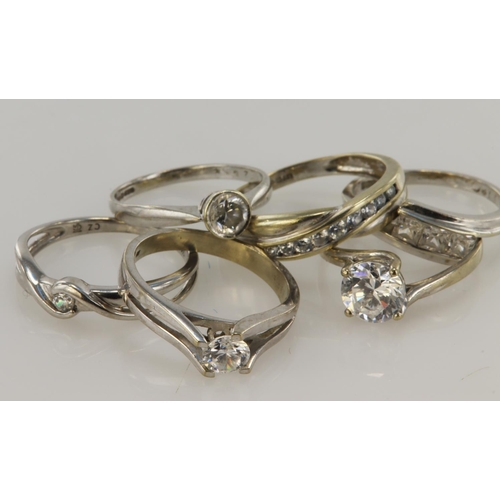 485 - Six 9ct gold/tests 9ct CZ rings, stones include K/L, Lx2, M, N/O, P/Q, total weight 11.9g.