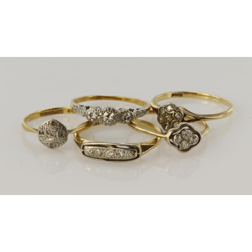 486 - Five yellow gold (tests 18ct) vintage diamond set rings, finger sizes K/L, O, O/P, P, R, total weigh... 