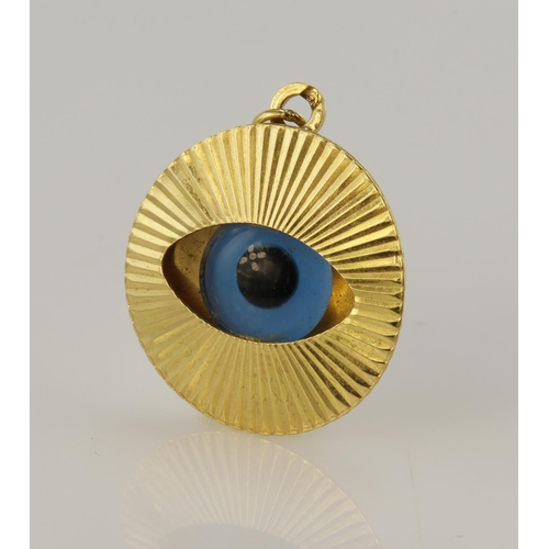 487 - Yellow gold (tests 18ct) evil eye charm, diameter 17mm, weight 2g.