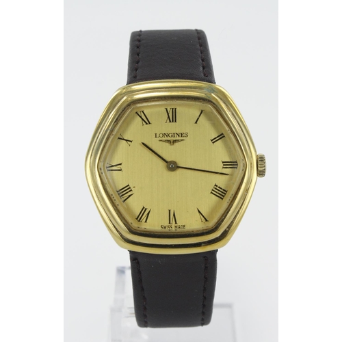 582 - Gents gold plated and stainless steel cased Longines manual wind wristwatch, circa 1969. The gilt di... 