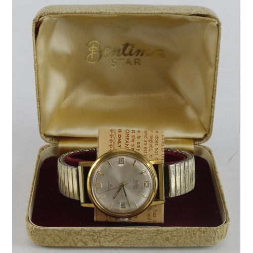 585 - Gents gold plated Bentima Star manual wind wristwatch. The silvered dial with gilt Arabic numerals a... 