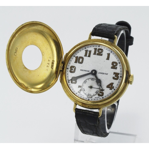 596 - Gents 18ct cased half hunter wristwatch by Benson, hallmarked Birmingham 1937. The white enamel dial... 