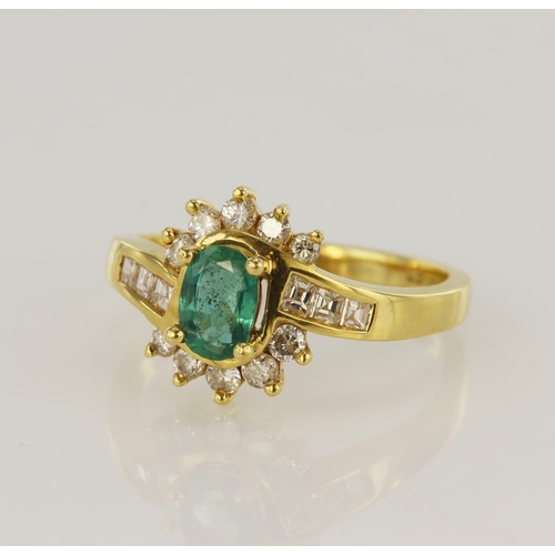 64 - 18ct yellow gold diamond and emerald cluster ring, emerald measures 6 x 4mm, round brilliant and squ... 