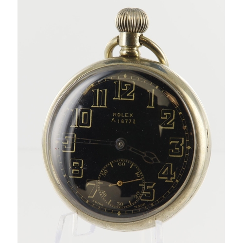 654 - Rolex WWII military issue silver nickel cased open faced pocket watch. The back dial with Arabic num... 