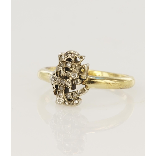 66 - Yellow gold (tests 18ct) diamond monogram ring, 'EF' set with old cut diamonds set in silver, head m... 