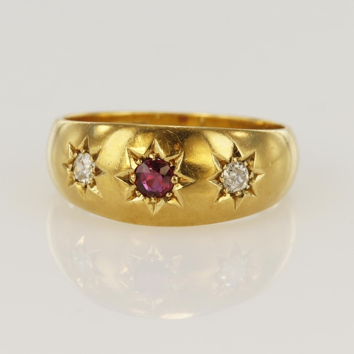 71 - 18ct yellow gold antique diamond and synthetic ruby gypsy ring, two old cut diamonds TDW approx. 0.1... 