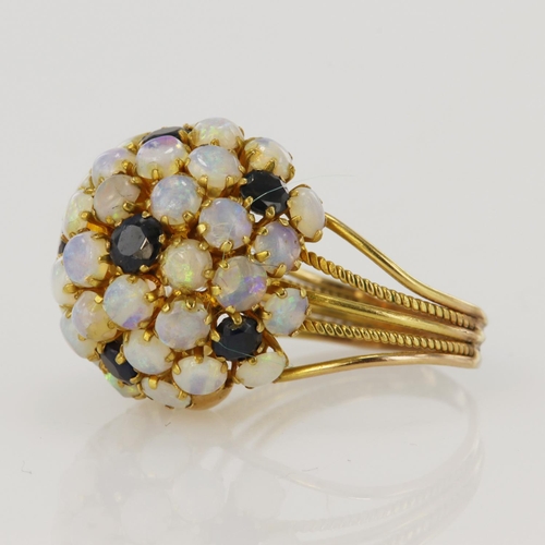 72 - Yellow gold (tests 14ct) sapphire and opal dress ring, head measures 17mm, finger size I/J, weight 4... 