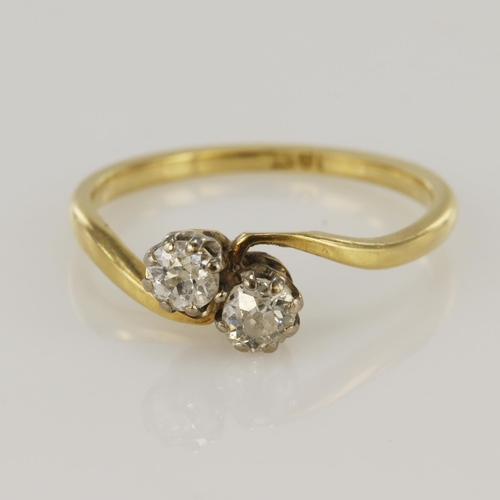 73 - Yellow gold (tests 18ct) diamond Toi Et Moi ring, two old mine cut diamonds TDW approx. 0.48ct, fing... 