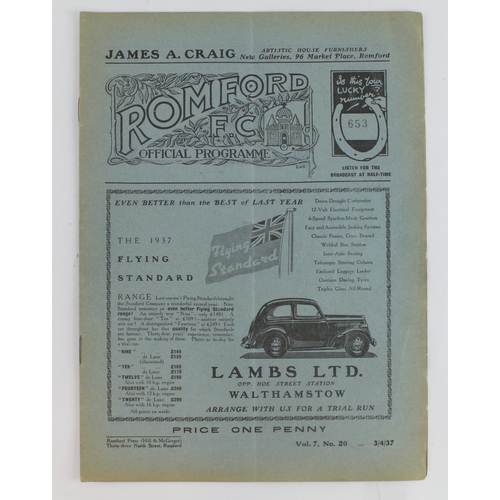 105 - Football programme - Romford FC v Fulham Res 3rd April 1937