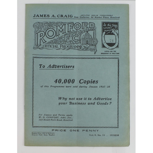 106 - Football programme - Romford FC v Golders Green 10th Dec 1938 Athenian League 1st Divn