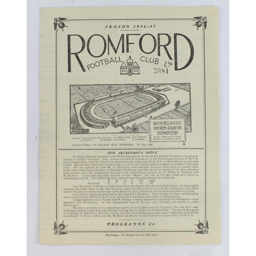 108 - Football programme - Romford FC v Greys Athletic 21st Sept 1946 FA Cup (Qualifying Competition) Prel... 