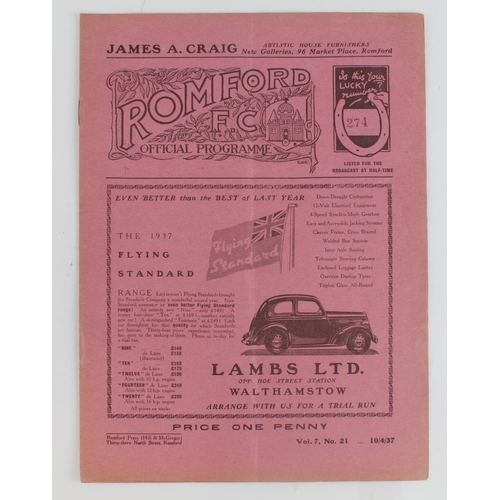 109 - Football programme - Romford FC v Hayes 10th April 1937 Athenian League 1st Divn