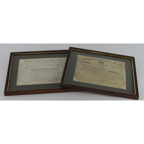 61 - Share Certificates - The City of Glasgow Union Railway Company College Station Stock 1869 for £2275,... 