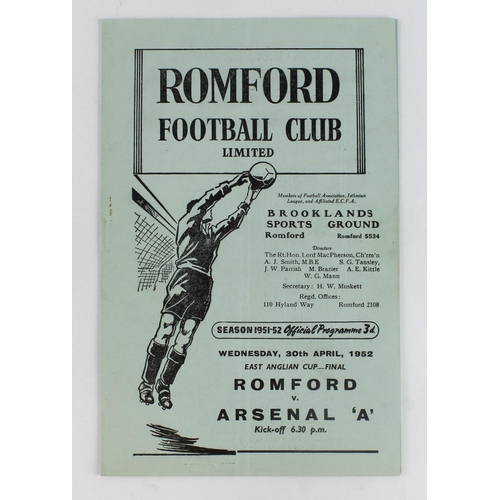 91 - Football programme - Romford FC v Arsenal 'A' 30th April 1952 East Anglian Cup Final