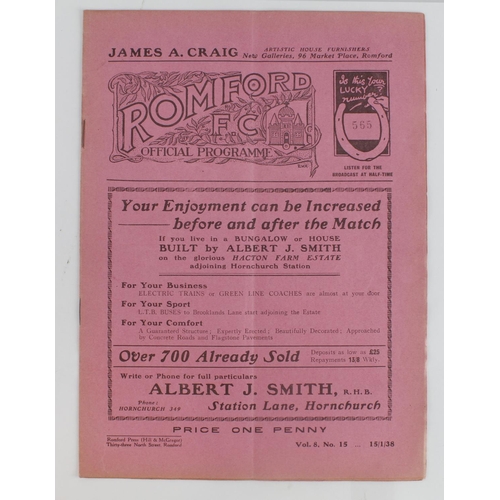 99 - Football programme - Romford FC v Chesham United 15th Jan 1938 FA Amateur Cup 1st Rnd