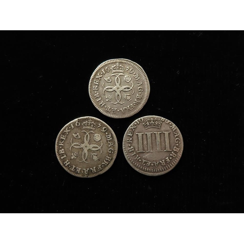 132 - GB Maundy Oddments (3) Fourpences: 1679 nF, 1679 GF, and 1687/6 off-centre Fine.