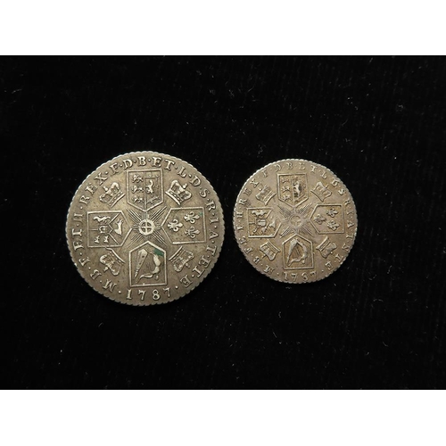 138 - George III silver (2): Shilling 1787 no hearts, toned VF, and Sixpence 1787 no hearts similar.