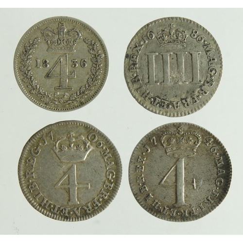 217 - Maundy Oddments (4) all Fourpences: 1686 VF, 1706 VF, 1746 EF, and 1836 VF.