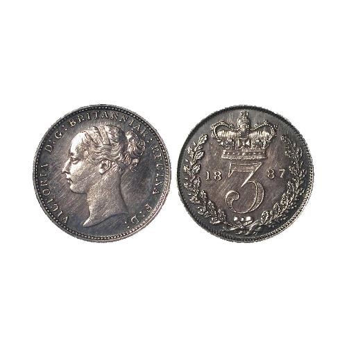 304 - Threepence 1887 young head, purchased as a proof (ESC 3435, R4), ex-Coincraft, toned EF, hairlines. ... 