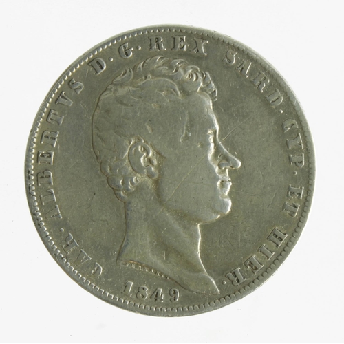341 - Italy, Sardinia mainland silver 5 Lire 1849 eagle, GF, cross scratch obv.