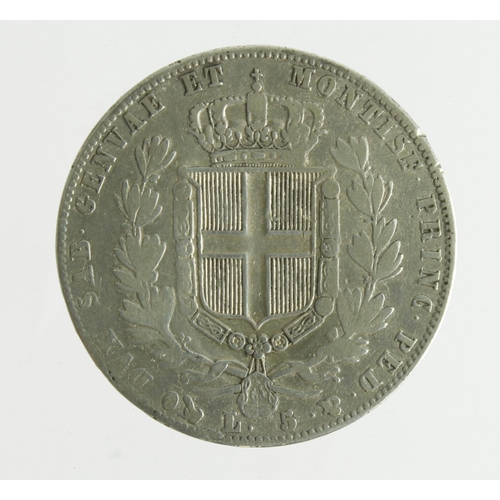 341 - Italy, Sardinia mainland silver 5 Lire 1849 eagle, GF, cross scratch obv.
