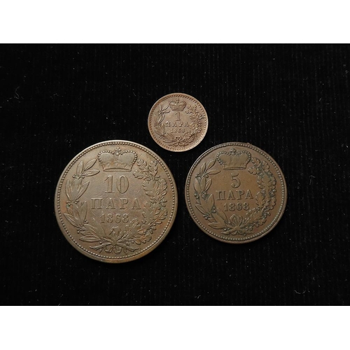 354 - Serbia (3) bronze: 1 Para 1868 nEF, 5 Para 1868 nVF, and 10 Para 1868 nVF