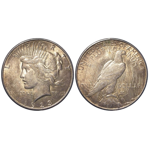 371 - USA silver Peace Dollar 1923S, toned AU, light marks.