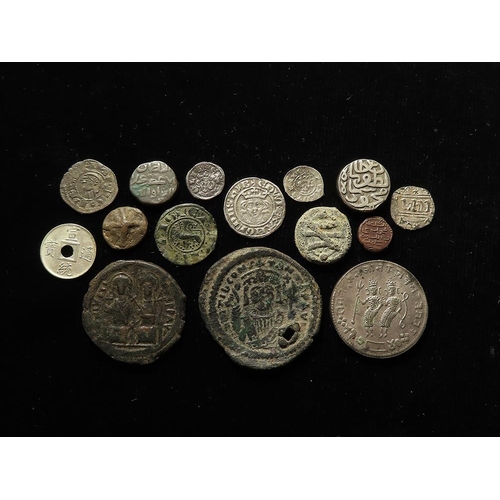 376 - Ancient, hammered and world coin assortment (15) from Byzantine bronze to an Indian temple token and... 