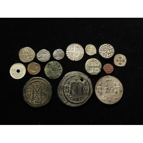 376 - Ancient, hammered and world coin assortment (15) from Byzantine bronze to an Indian temple token and... 