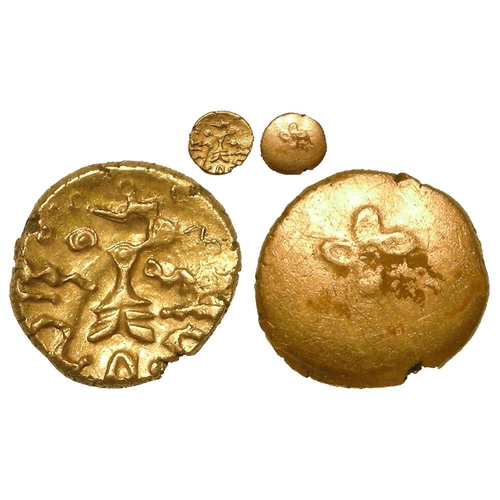 382 - Celtic Britain: Cantii gold Quarter Stater after 65 BC. Stylised Roman trophy surrounded by abstract... 