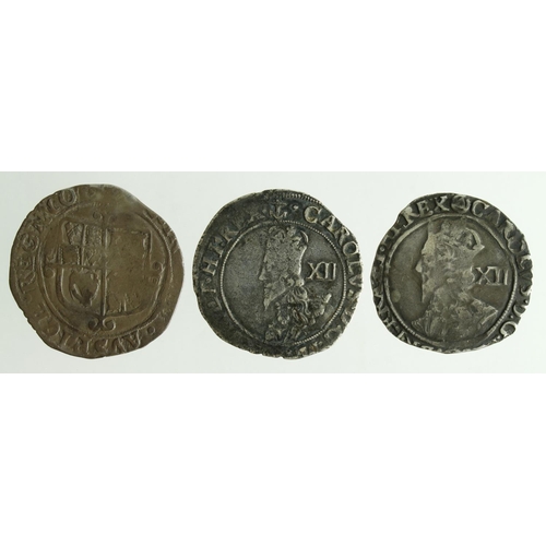 385 - Charles I Shillings (3): mm. anchor GF, mm. eye(?) VG, and mm. triangle-in-circle Fine.