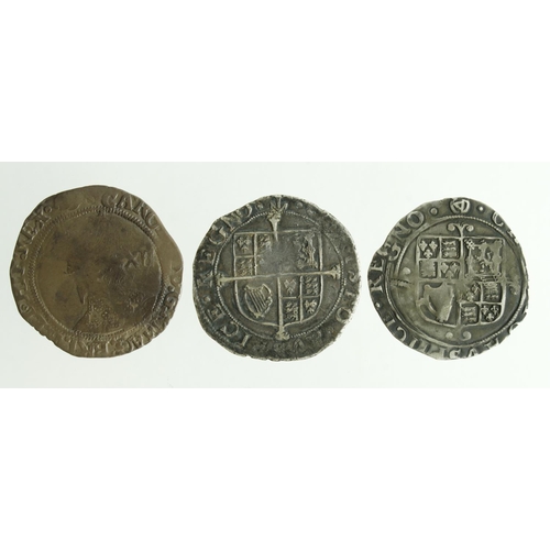 385 - Charles I Shillings (3): mm. anchor GF, mm. eye(?) VG, and mm. triangle-in-circle Fine.