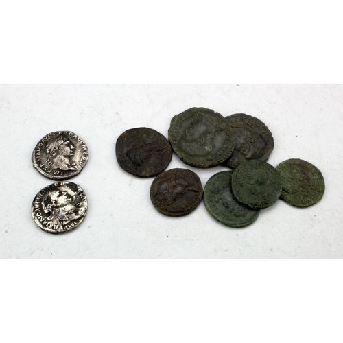 437 - Roman Coins (9): Trajan AR Denarius, Mars std. l. hold. Victory & trophy rev., scuffed GF; a Trajan ... 