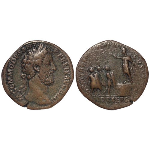 451 - Roman Imperial: Commodus AE Sestertius, Rome 186 AD. Rev: Emperor standing on platform l. addressing... 