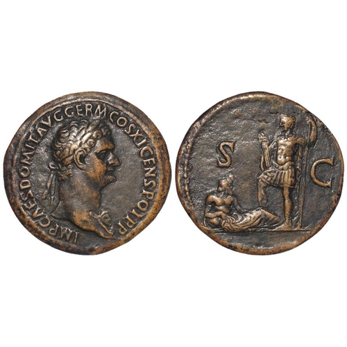 454 - Roman Imperial: Domitian AE Sestertius, Rome 85 AD, Rev: Emperor standing l., Rhenus (personificatio... 