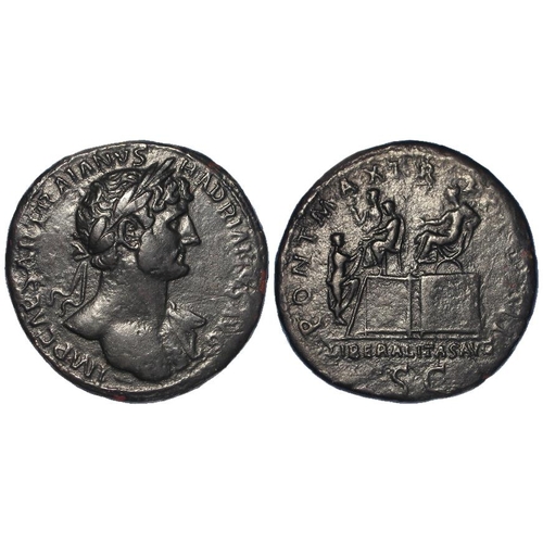 459 - Roman Imperial: Hadrian AE Sestertius, Rome 118AD. Rev: Hadrian seated l. on platform distributing c... 