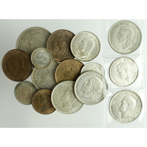 544 - GB Coins (15) various predecimal silver and bronze, QV veiled hd. to GVI, 1/2d to Crown, in selected... 