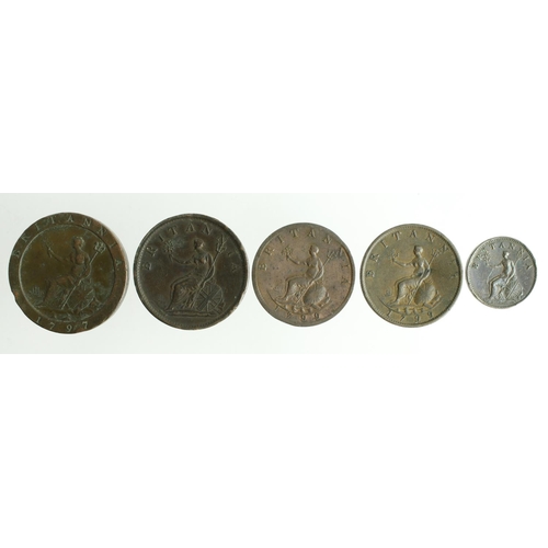 555 - GB Copper (5) Goerge III: Pennies: 1797 VF edge knock, 1806 VF; Halfpennies: 1799 x2 F and VF; and F... 